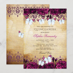 Invitación Mariposa Floral Rosa Vintage Quinceañera