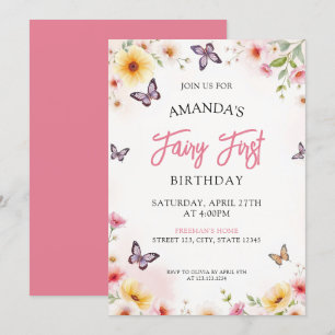 Invitación Mariposa floral rosa y amarilla primer cumpleaños