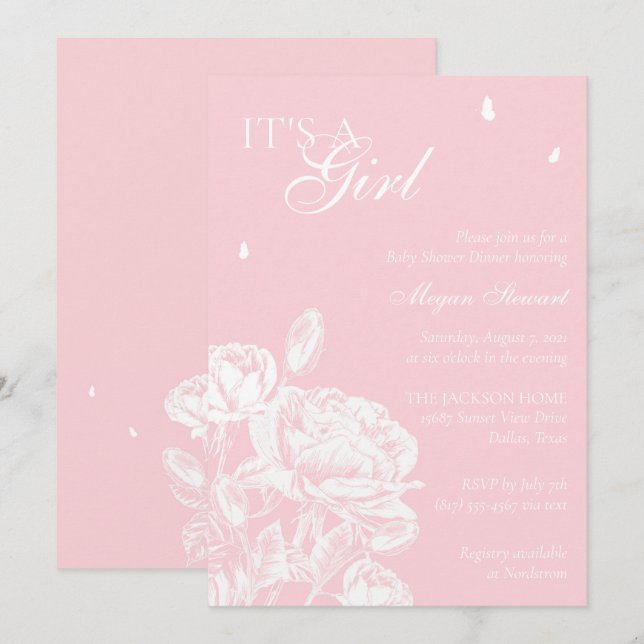 Invitación Mariposa floral rosa y blanca Baby Shower (Anverso / Reverso)