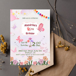 Invitación Mariposa floral rosa y blanco lindo 6 años