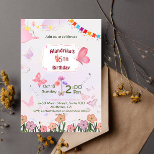 Invitación Mariposa floral rosa y blanco lindo 6 años