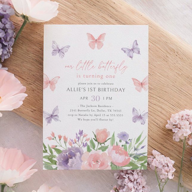 Invitación Mariposa floral rosa y púrpura primer cumpleaños (Subido por el creador)