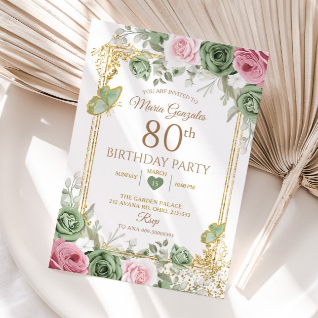 Invitación Mariposa floral rosa y verde sabio 80 cumpleaños (Subido por el creador)