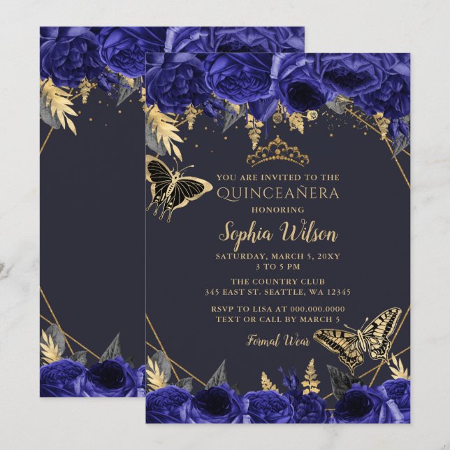 Invitación Mariposa floral Royal Blue Gold Quinceañera (Anverso / Reverso)