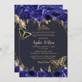 Invitación Mariposa floral Royal Blue Gold Quinceañera