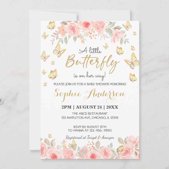 Invitación Mariposa floral Rubor Rosa Gold Baby Shower (Anverso)