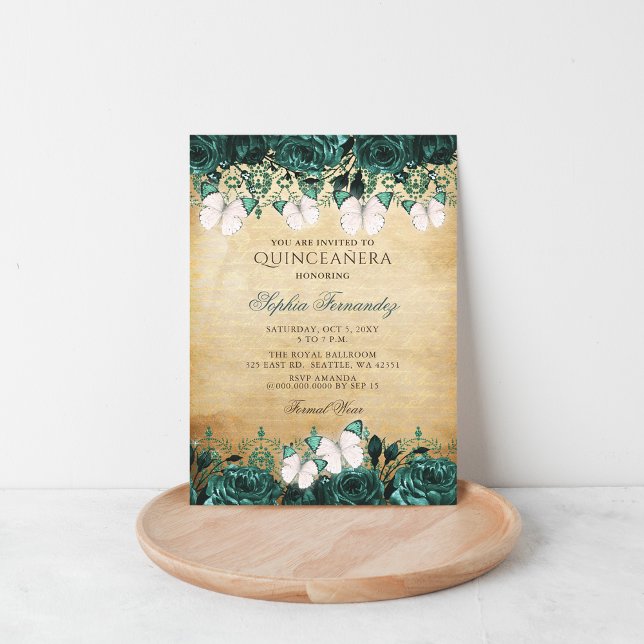 Invitación Mariposa floral Rústica Vintage Verde Quinceañera (Rustic Vintage Green Floral Butterfly Quinceañera )