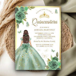 Invitación Mariposa Floral Verde Dusty Sage Quinceanera