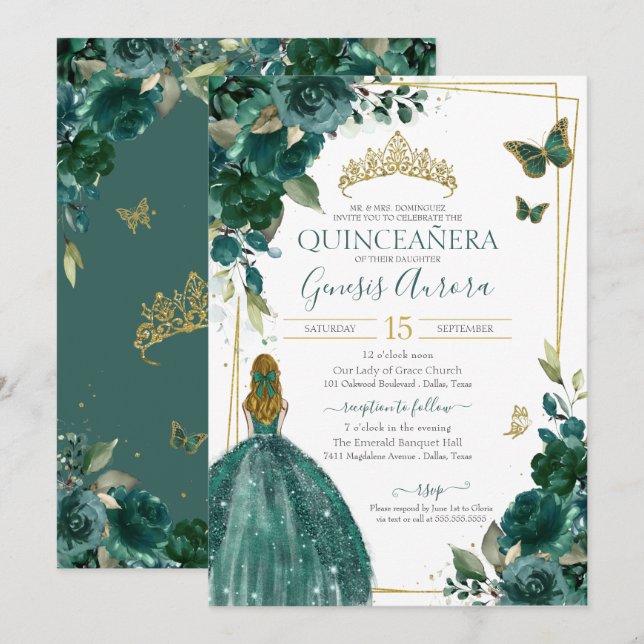 Invitación Mariposa floral verde esmeralda con vestido (Anverso / Reverso)