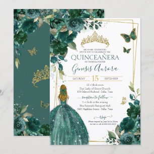 Invitación Mariposa floral verde esmeralda con vestido
