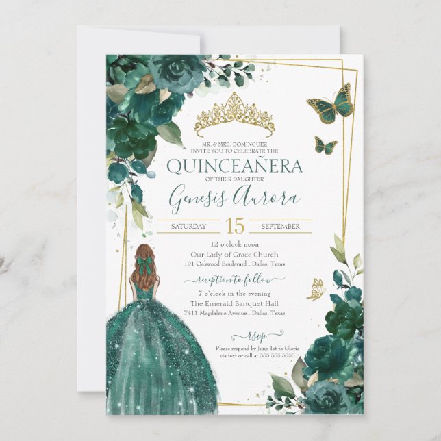 Invitación Mariposa floral verde esmeralda con vestido (Anverso)