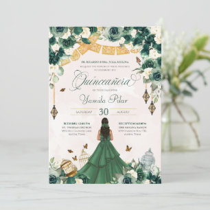 Invitación Mariposa floral verde esmeralda elegante Quinceane