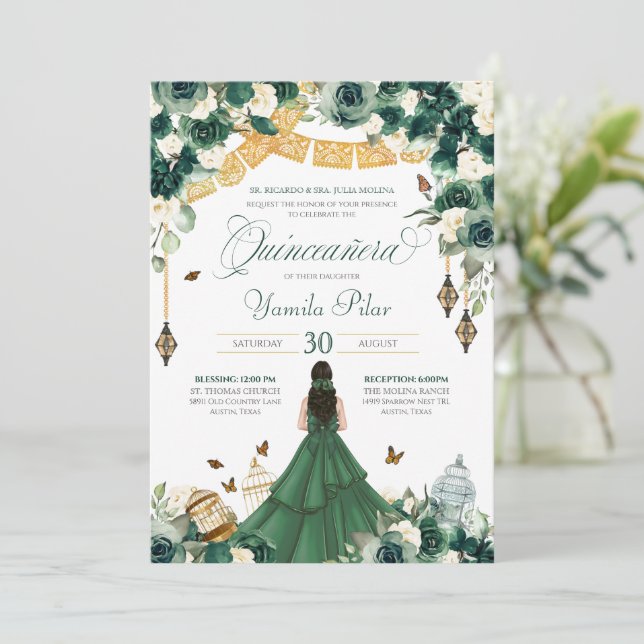 Invitación Mariposa floral verde esmeralda elegante Quinceane (Anverso de pie)