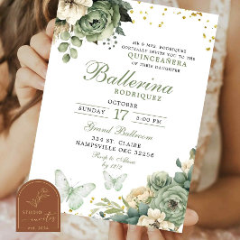 Invitación Mariposa floral verde salada Quinceanera