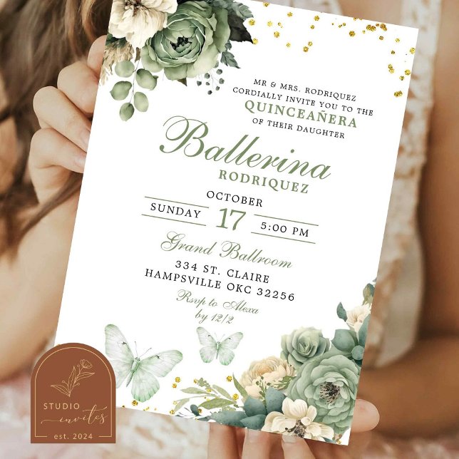 Invitación Mariposa floral verde salada Quinceanera (Subido por el creador)