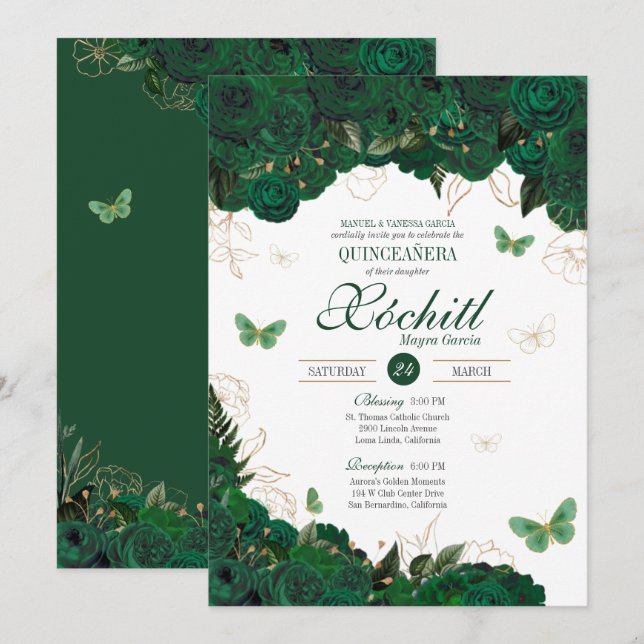 Invitación Mariposa floral verde y dorada elegante Quinceaner (Anverso / Reverso)