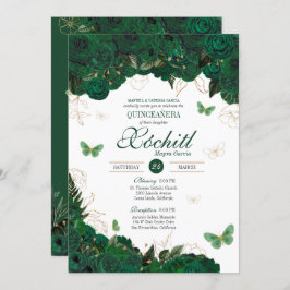 Invitación Mariposa floral verde y dorada elegante Quinceaner