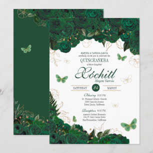Invitación Mariposa floral verde y dorada elegante Quinceaner