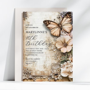 Invitación Mariposa Floral Vintage Cumpleaños 70