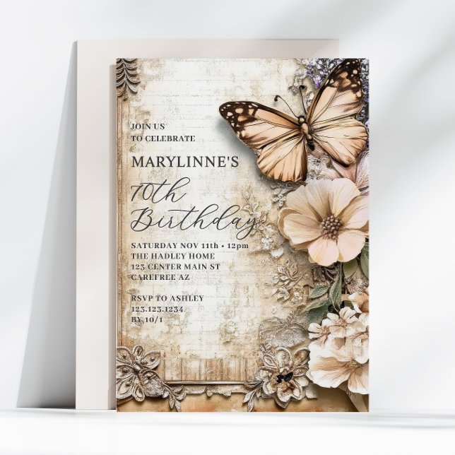 Invitación Mariposa Floral Vintage Cumpleaños 70 (Subido por el creador)