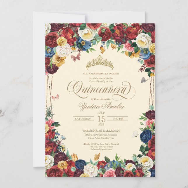 Invitación Mariposa Floral Watercolor Amarillo Quinceañera (Anverso)