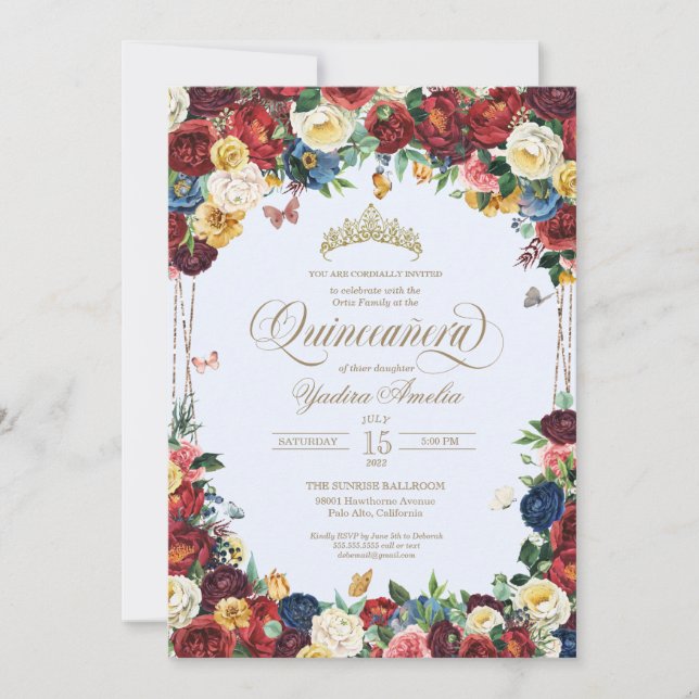 Invitación Mariposa Floral Watercolor Azul Quinceañera (Anverso)