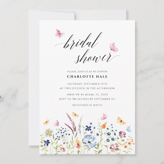 Invitación Mariposa Flores silvestres Rubor ducha de novia ro (Anverso)