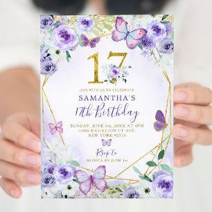 Invitación Mariposa geométrica púrpura y dorada 17 cumpleaños