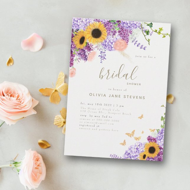 Invitación Mariposa girasol Lilac Rústica Ducha de novia (butterfly bridal shower invitation modern rustic sunflower hydrangea roses botanical floral elegant)