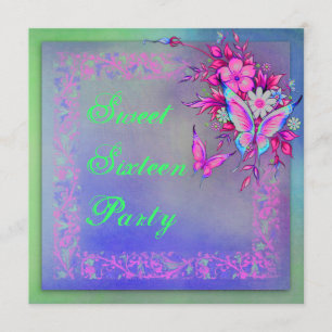 Invitación Mariposa Grunge Neon Verde Rosa Cumpleaños Dulces
