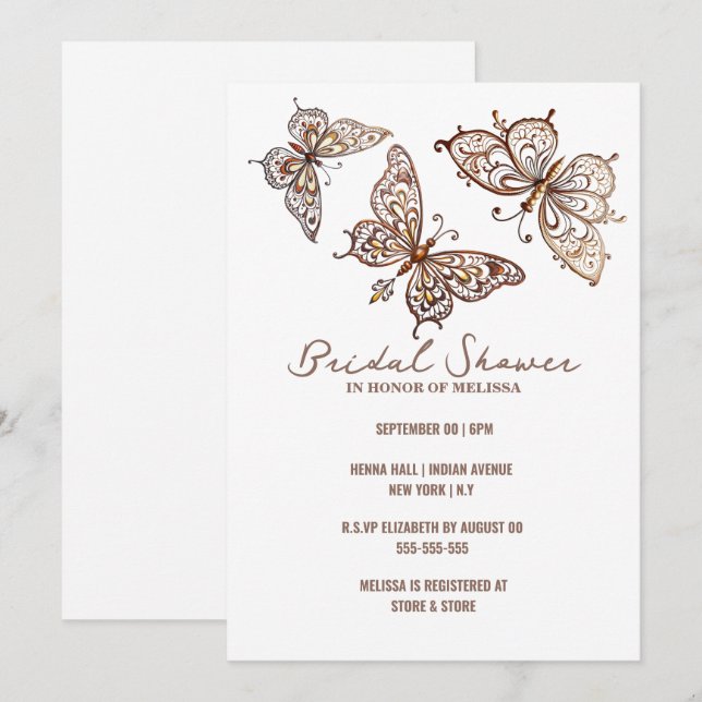 Invitación Mariposa Henna elegante ducha de novia india (Anverso / Reverso)