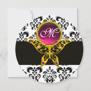 Invitación MARIPOSA HIPER DORADA MONOGRAMA, Damasko Negro Bla