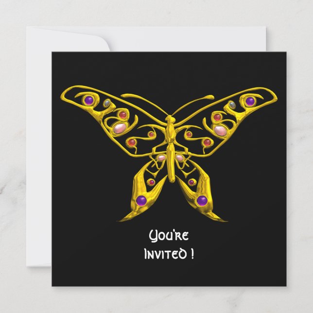 Invitación MARIPOSA HIPER ORO, GEMAS Boda Negra (Anverso)