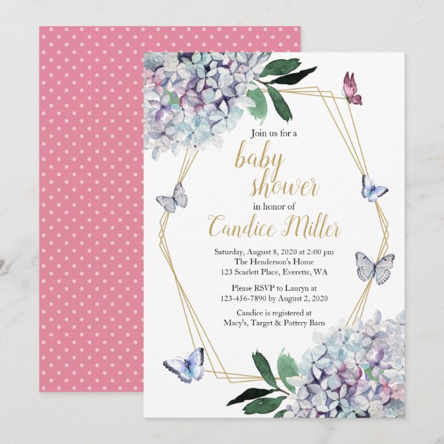 Invitación mariposa invitan a la ducha de leche rosa (Anverso / Reverso)
