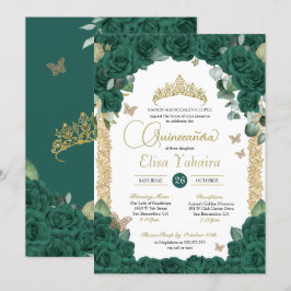 Invitación Mariposa Jade Green Rosa y Quinceanera de oro