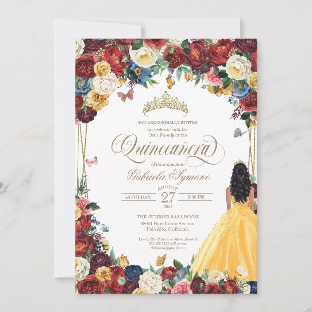 Invitación Mariposa Jardín Amarillo Borgoña Blanco Quinceaner (Anverso)