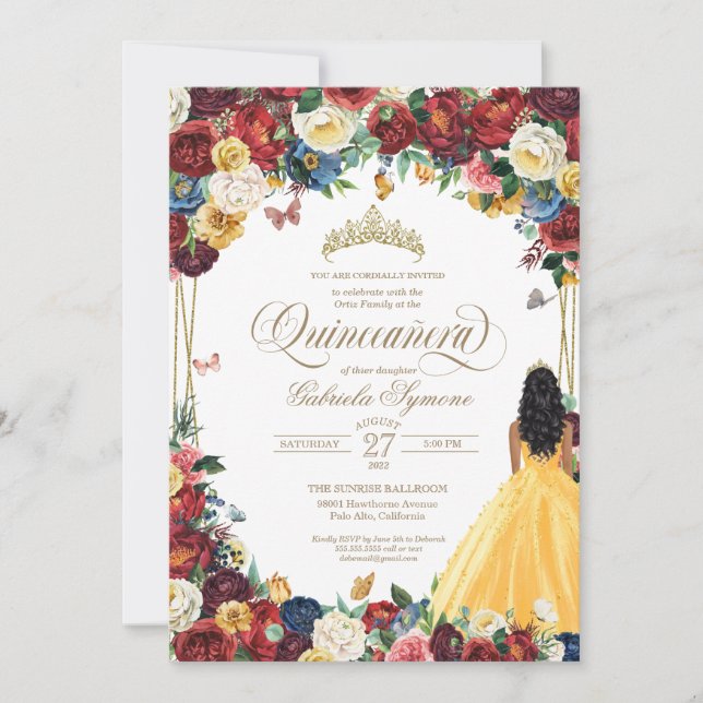 Invitación Mariposa Jardín Amarillo Floral Quinceanera (Anverso)