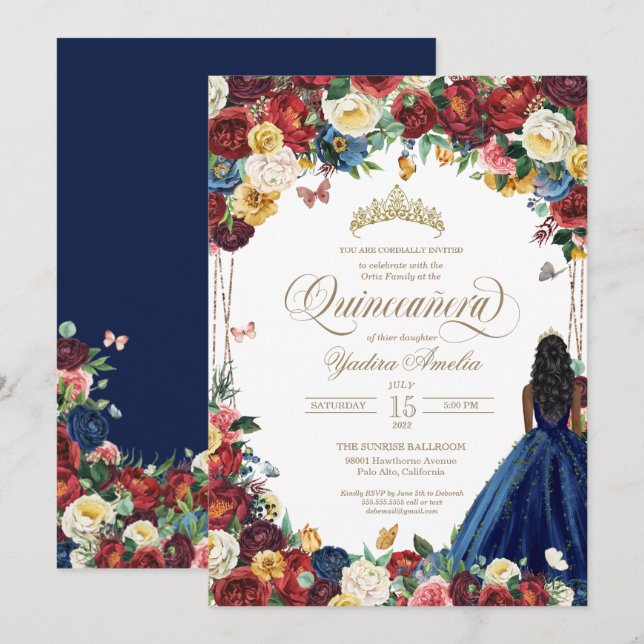 Invitación Mariposa Jardín Borgoña Azul Floral Quinceanera  (Anverso / Reverso)