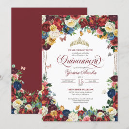 Invitación Mariposa Jardín Borgoña Real Floral Quinceanera