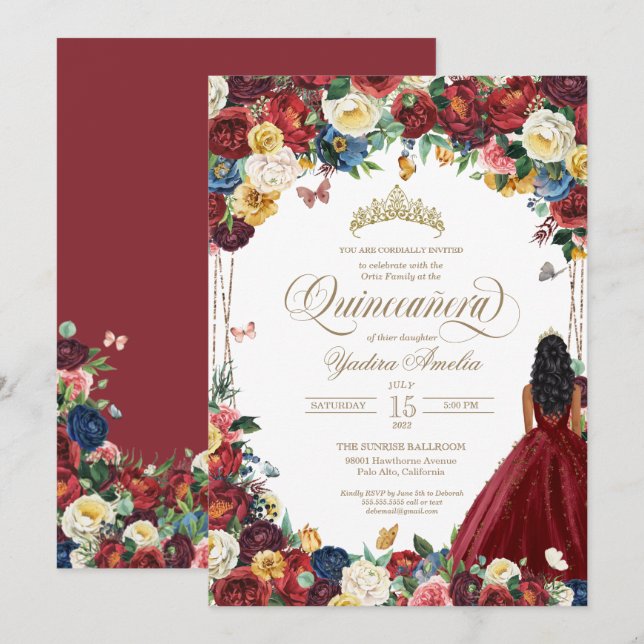 Invitación Mariposa Jardín Burgundy Flores Quinceanera Gown (Anverso / Reverso)