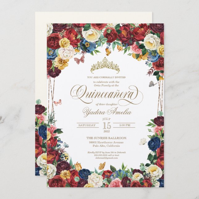 Invitación Mariposa Jardín Colorido Floral Quinceanera (Anverso / Reverso)