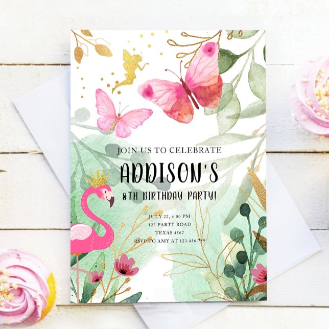 Invitación Mariposa Jardín Flamingo Flores de hadas Cumpleaño (Subido por el creador)