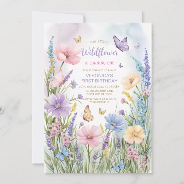 Invitación Mariposa Jardín Flor silvestre 1er cumpleaños (Anverso)