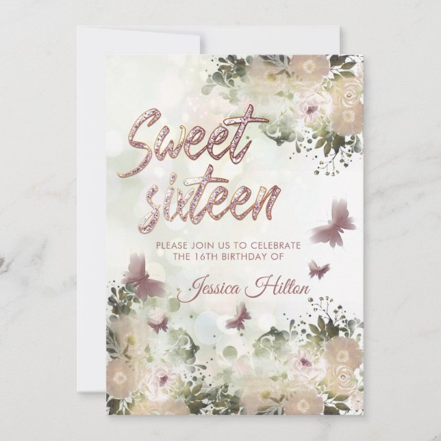 Invitación Mariposa jardín floral dulce dieciséis (Anverso)