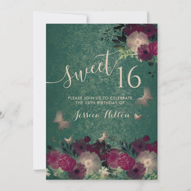 Invitación Mariposa jardín floral dulce dieciséis verde (Anverso)