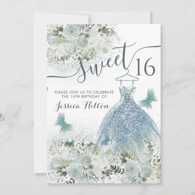 Invitación Mariposa jardín floral vestido azul dulce dieciséi (Anverso)