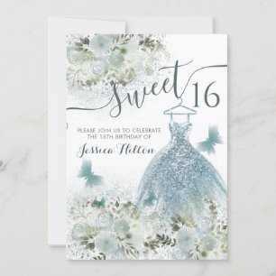 Invitación Mariposa jardín floral vestido azul dulce dieciséi