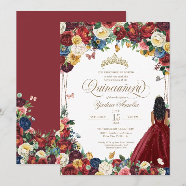 Invitación Mariposa Jardín Flores de Borgoña Quinceanera (Anverso / Reverso)