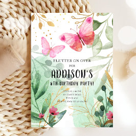Invitación Mariposa Jardín Flores Florales Oro Rosado Cumplea