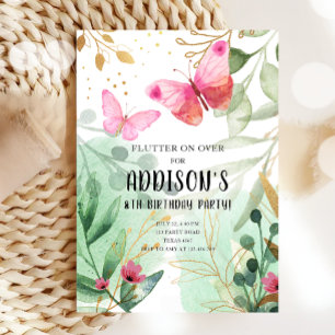 Invitación Mariposa Jardín Flores Florales Oro Rosado Cumplea